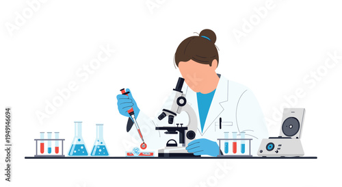 A female scientist in a white lab coat and blue gloves is intently using a microscope and a pipette amidst various laboratory equipment.