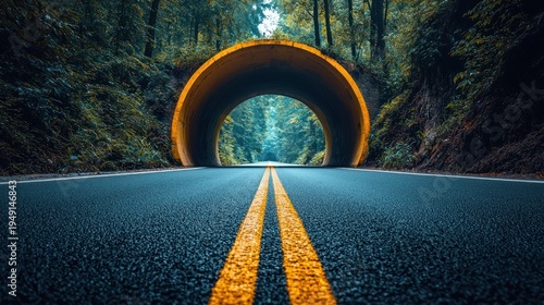 Golden Tunnel Portal on a Moody Forest Highway with Symmetrical Leading Lines