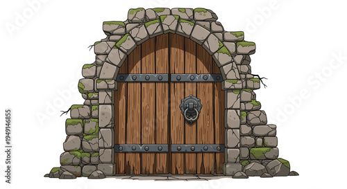 A weathered wooden door with metal straps and a circular knocker is embedded within a crumbling, moss-covered stone wall.