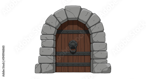 A sturdy wooden door with metal straps and a circular knocker is set within a clean grey stone archway on a white background.