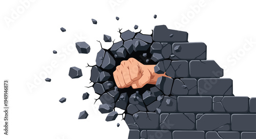 A light-skinned clenched fist forcefully punches through a dark grey brick wall, causing bricks and fragments to scatter.