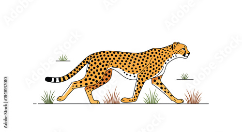 A cartoon-style cheetah with black spots and yellow-orange fur is depicted walking gracefully across a sparse grassy landscape on a white background.