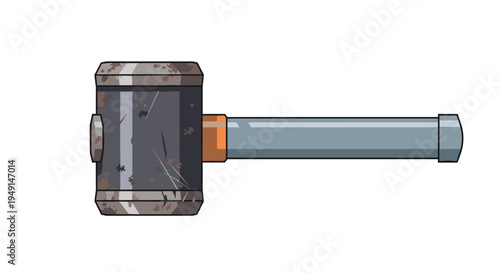 A worn, cartoon-style sledgehammer with a rusty, scratched metal head and a grey handle with an orange connector is shown in side profile on a white background.