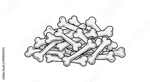 A large, haphazard pile of cartoon-style white bones with black outlines is stacked densely on a clean, isolated white background.