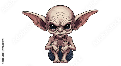 A stylized bald creature with large wrinkled ears and dark eyes is shown in a crouched position, displaying a grumpy expression on a white background.