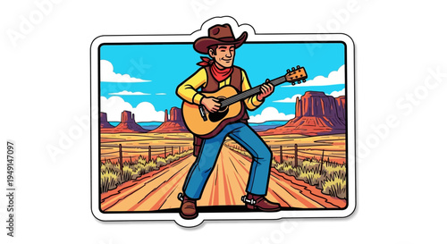 Cowboy plays guitar in the desert landscape
