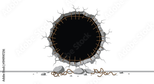 A large dark circular void is centered in a white wall, surrounded by cracked concrete and rusty rebar.