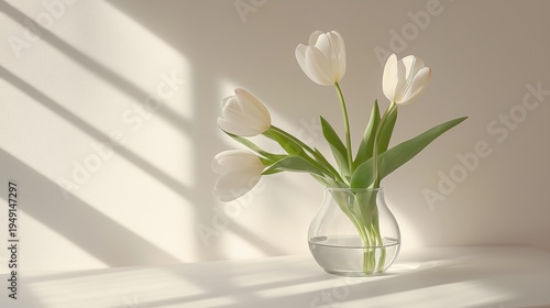 White Tulips in a Glass Vase With Shadows on a Wall in the Morning Light