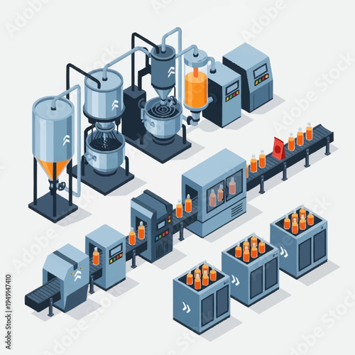 Automated Beverage Production Line with Bottling and Packaging.