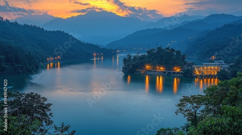 Serene Lake at Dusk: Mountains, Reflections, and Golden Lights in Taiwan