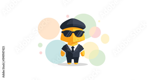 A cute pixelated yellow character wearing a black suit, beret, and sunglasses stands centrally amidst pastel bubbles on a white background.