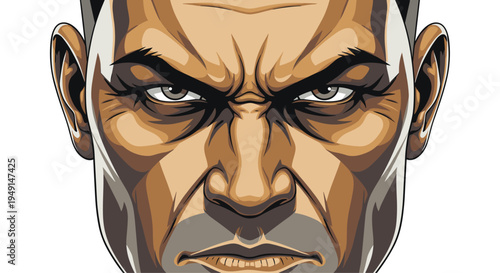 A pixelated close-up of an angry man's face with furrowed brows and intense grey eyes is depicted against a plain white background.