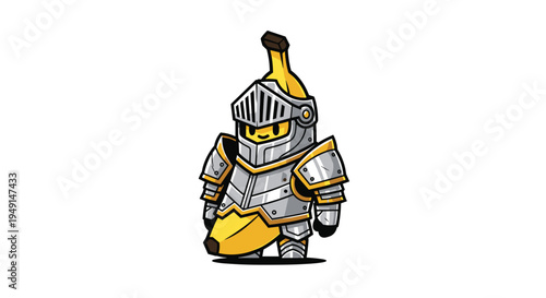 A charming cartoon banana character is depicted standing upright, fully adorned in intricate silver and grey medieval knight armor against a pristine white background.