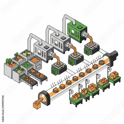 Automated food processing and packaging line in a factory.