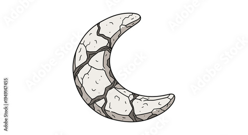 A solitary crescent moon shape, intricately formed from light-colored, extensively cracked stone with visible fracture lines, is presented on a white background.