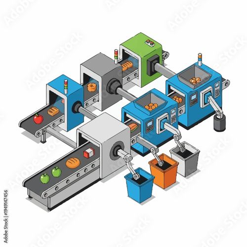 Automated food processing line with fruits and vegetables.