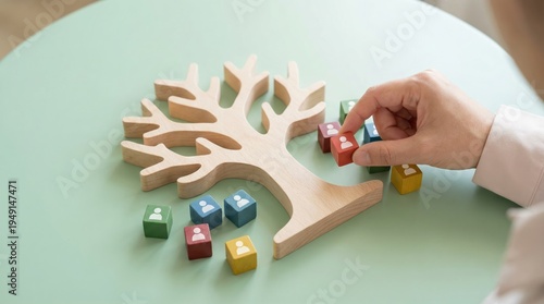 Hand placing colorful person icons on a wooden tree to represent human resources and organizational structure.