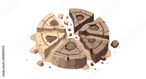Multiple cracked, ancient stone segments, resembling a broken pie chart, are scattered with sand and debris on a pristine white background.