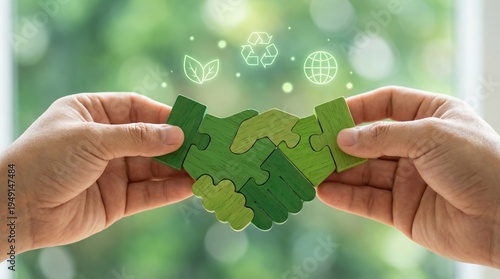 Hands holding green wooden puzzle pieces in a handshake shape representing environmental partnership and corporate sustainability.