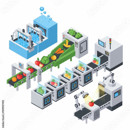 Automated Food Processing Line with Robotic Arms and Conveyor Belts.