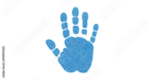 A detailed blue human handprint, intricately formed by numerous fingerprint patterns, is prominently displayed against a pristine white background.