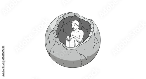 A gender-neutral figure is curled up inside a cracked, hollow, spherical stone shell, depicted in black and white line art.