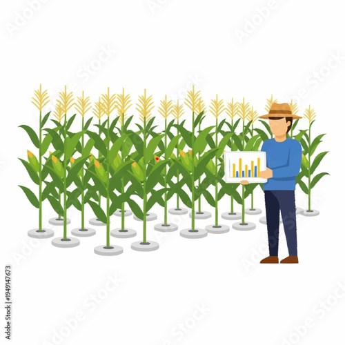 Farmer analyzing corn crop data for agricultural insights.