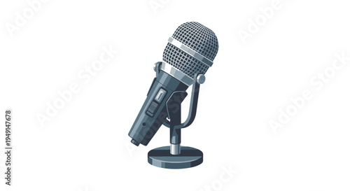 A single, detailed grey microphone, created in a pixel-art style, stands angled on its circular base against a plain white background.