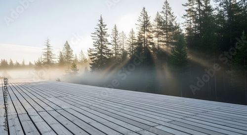 Misty morning sunrise over a wooden boardwalk in a pine forest