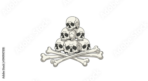 A neatly arranged pyramid of five light beige human skulls sits atop two crossed bones, forming a classic motif.