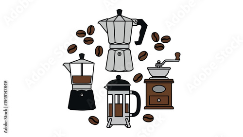 Coffee Essentials: This illustration shows coffee makers and coffee beans, providing a visual guide to the tools needed for the perfect morning brew.