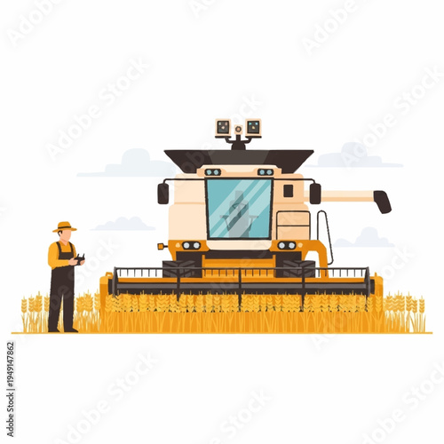 Farmer operating combine harvester in a wheat field.