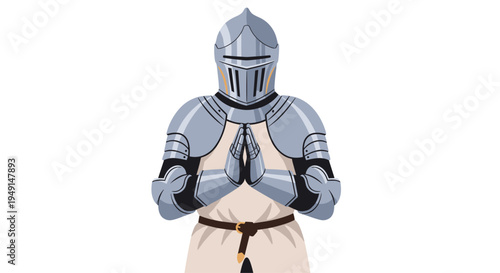 A full-body medieval knight in shining silver armor stands with hands pressed together in a reverent prayer-like gesture.