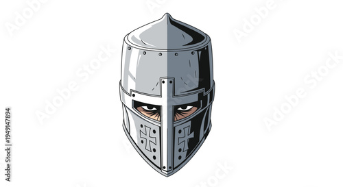 A detailed silver-grey medieval knight's helmet with a cross design on the visor reveals the intense eyes of the wearer.