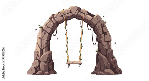 A rustic stone archway, adorned with green vines, supports a single wooden swing suspended by ropes, presented in a pixel art style.