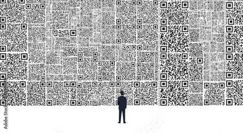 A lone human figure in a dark suit is standing with their back to the viewer, facing an immense wall completely covered with numerous QR codes.
