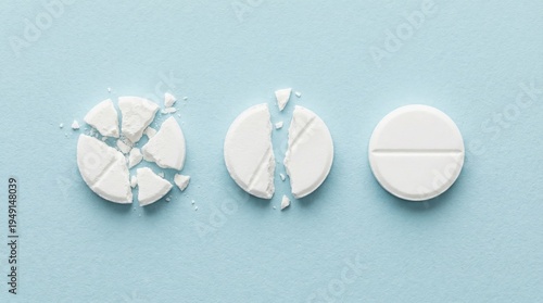 Sequence of white medicinal pills showing the process of breaking and crushing a tablet on a blue background.
