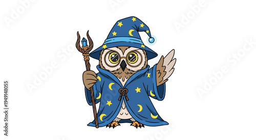 A cute cartoon owl wearing spectacles is dressed in a blue wizard's hat and robe, holding a staff with a blue crystal, and waving its wing.