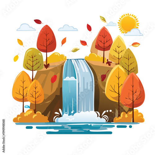 Autumnal waterfall landscape illustration with colorful trees and foliage