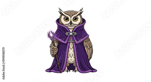 A majestic owl is standing upright, adorned in a grand purple wizard's robe and holding a mystical staff with a glowing tip.