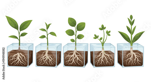 Five individual young green plants are thriving in transparent square containers, clearly displaying their extensive root systems within the rich soil.