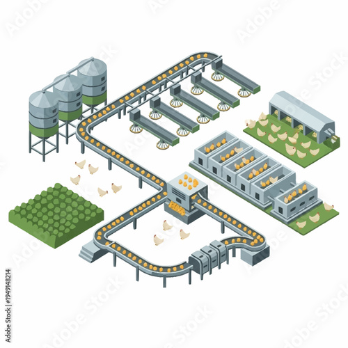 Isometric Chicken Farm Production Line with Automated Egg Collection and Processing.