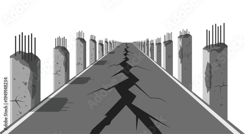 A severely cracked asphalt road with exposed rebar concrete pillars extends into the horizon against a plain white backdrop.