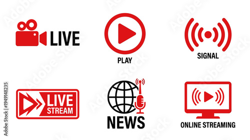Collection of online streaming and live broadcast icons.