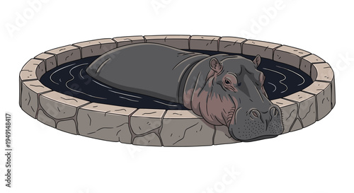 A large grey hippopotamus with a pinkish snout rests in dark, still water within a circular pool enclosed by a textured stone wall.