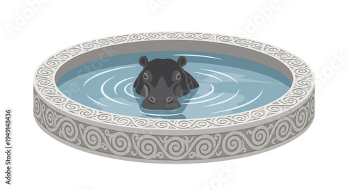 A dark grey hippopotamus head with visible nostrils peeks out from light blue water in a round, shallow pool with a scrollwork pattern.