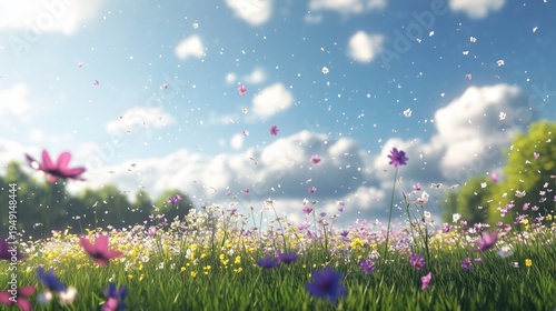 Colorful Flowers Bloom in a Sunny Field on a Bright Day With Clouds