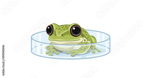 A small, bright green frog with prominent black eyes and light spots sits calmly inside a clear, shallow glass petri dish on a pristine white background.