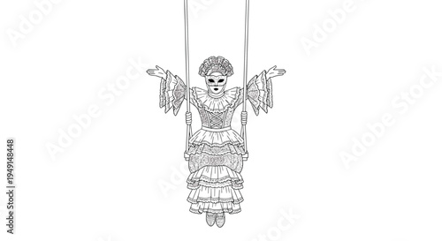 A detailed black and white line art drawing depicts a woman in an elaborate ruffled costume and a Venetian-style mask on a swing.