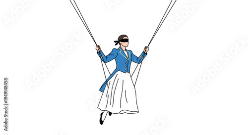 A blindfolded woman in a blue jacket and white skirt is suspended in mid-air by two thin black ropes, appearing to swing against a plain white background.